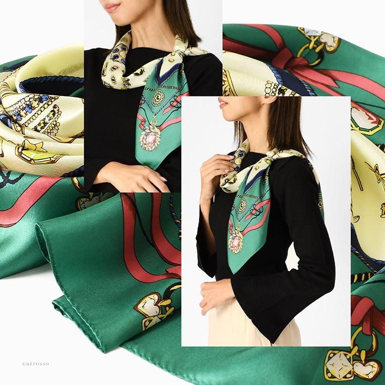 日本製 シルク スカーフ 大判 正方形 90cm ツイル ジュエリー 宝石 柄