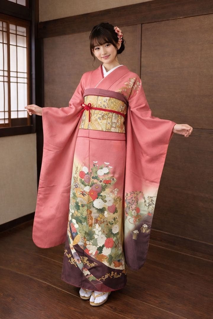 振袖フルセット6点サイズS〜M 駒刺繍　扇面鳳凰花車文　暈し染め　金彩　正絹 振袖 フルセット6点サイズS〜M 駒刺繍 扇面鳳凰花車文 暈し染め 金彩